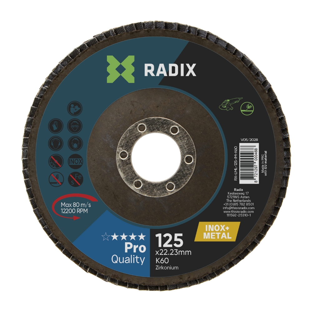 Radix - Lamellenschijf - Polijstschijf Inox & Metaal - 125 x 22,23 mm - K60 Radix - Lamellenschijf - Polijstschijf Inox & Metaal - 125 x 22,23 mm - K60