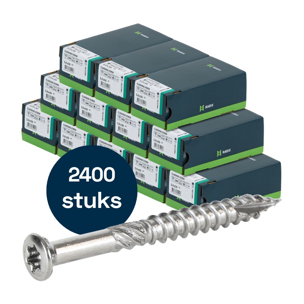 Radix - Vlonder - Tuinhout schroeven - Torx 5,0x50mm - T25 - RVS (2400 stuks) VOLLE DOOS! Radix - Vlonder - Tuinhout schroeven - Torx 5,0x50mm - T25 - RVS (2400 stuks) VOLLE DOOS!