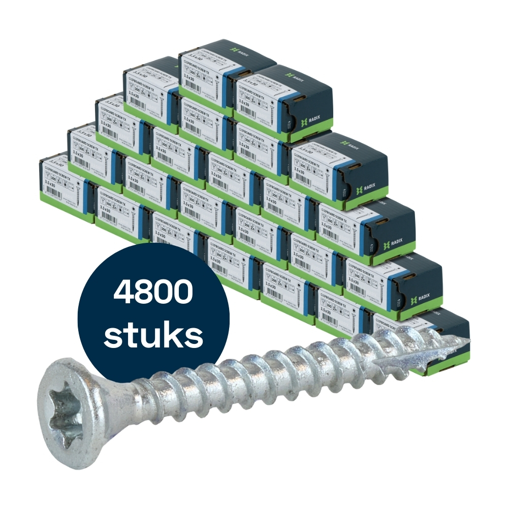 Radix Torx 20 Spaanplaatschroef - Platkop + Snijpunt - 3,5 x 30mm - Verzinkt - Voldraad (4800 stuks) VOLLE DOOS! Radix Torx 20 Spaanplaatschroef - Platkop + Snijpunt - 3,5 x 30mm - Verzinkt - Voldraad (4800 stuks) VOLLE DOOS!