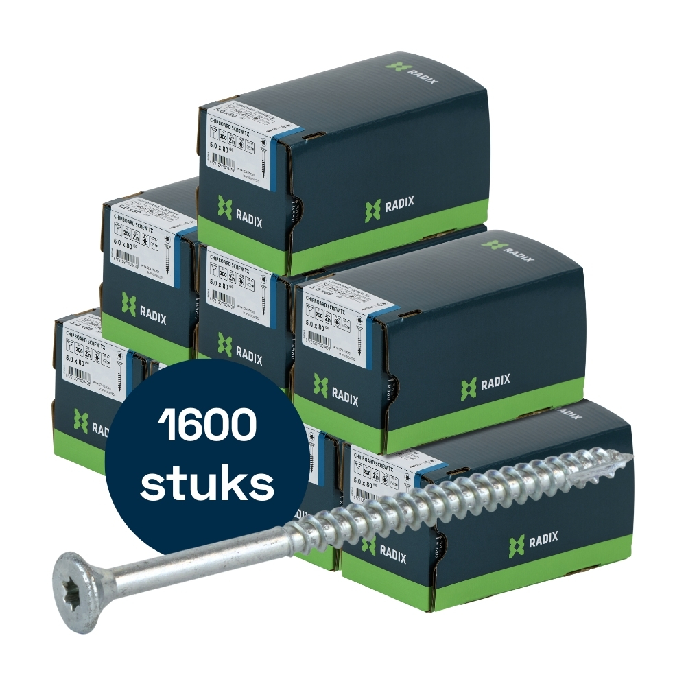 Radix Torx 20 Spaanplaatschroef - Platkop + Snijpunt - 5,0 x 80mm/50 - Verzinkt - Deeldraad (1600 stuks) VOLLE DOOS!