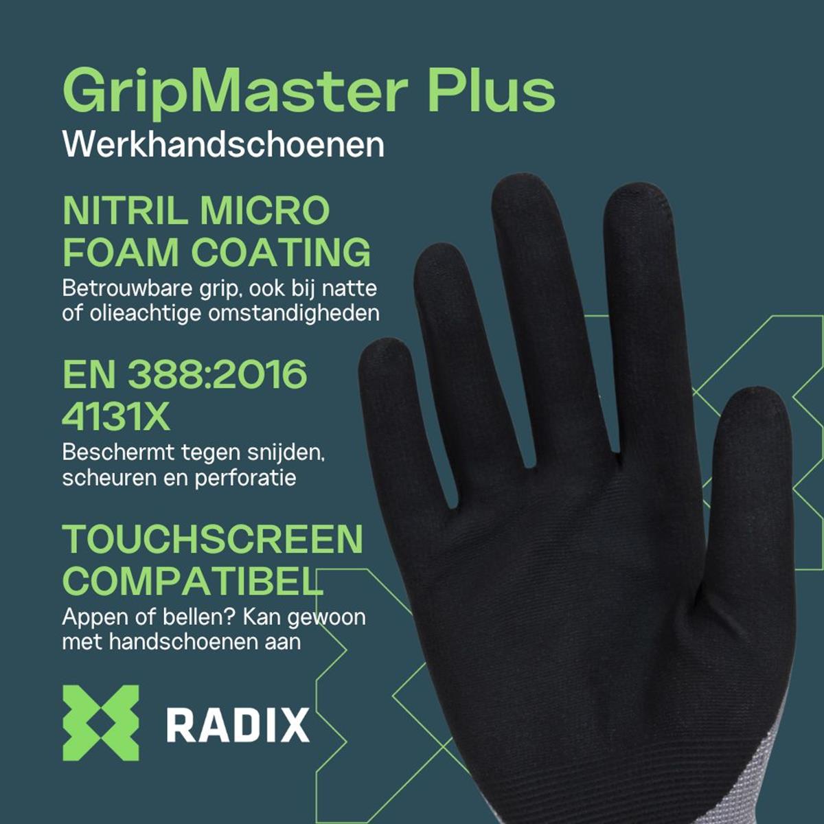 Radix GripMaster Plus - Werkhandschoenen - Nitril Micro Foam - Black/Grey - M8 / M
