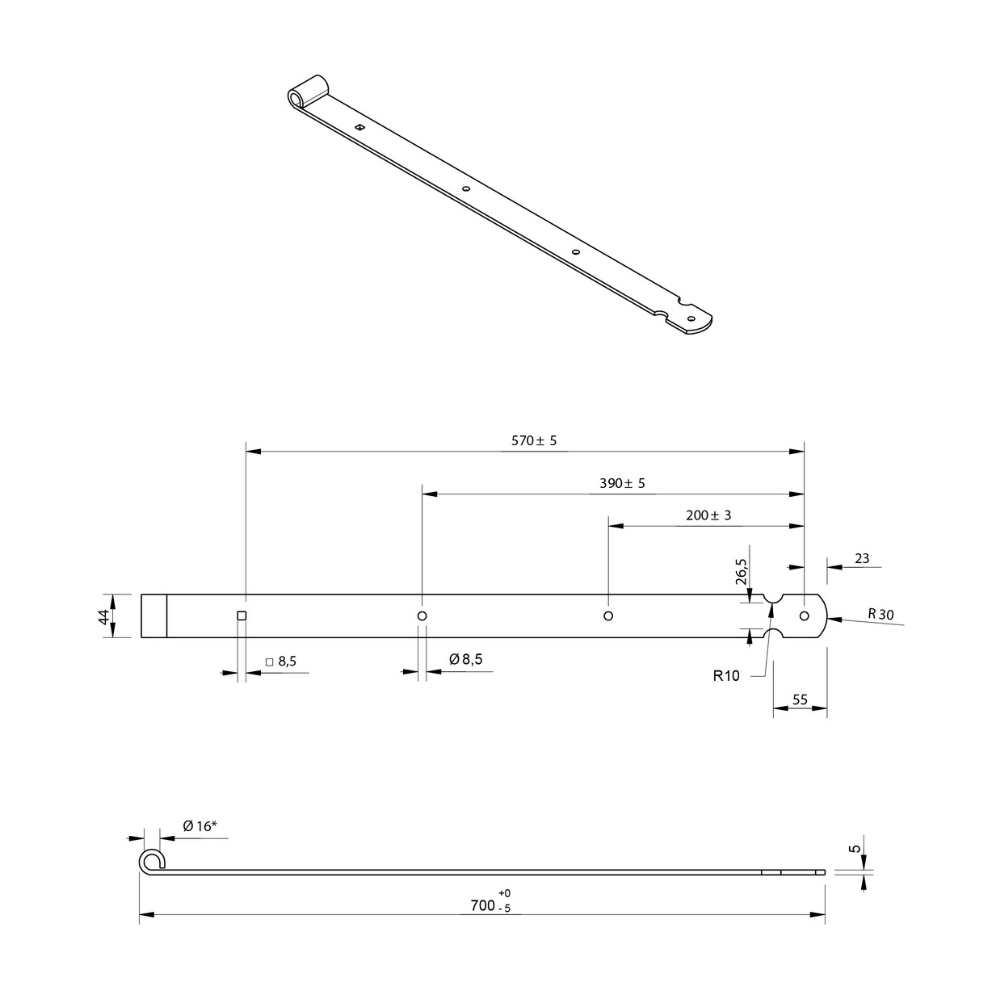 Duimheng - Tbv 16 mm duim - 70 cm - Recht model - Verzinkt