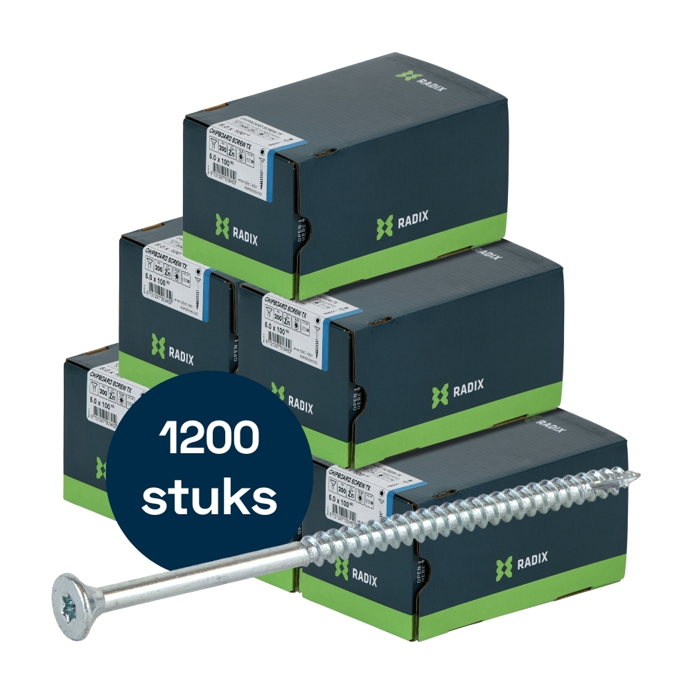 Radix Torx 20 Spaanplaatschroef - Platkop + Snijpunt - 5,0 x 100mm/60 - Verzinkt - Deeldraad (1200 stuks) VOLLE DOOS!