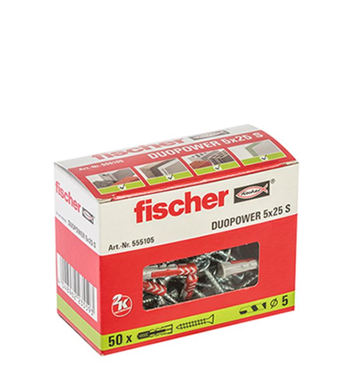 Fischer - DuoPower S - Universele plug - 5 x 25mm - Inclusief schroeven (50 stuks) Fischer - DuoPower S - Universele plug - 5 x 25mm - Inclusief schroeven (50 stuks)