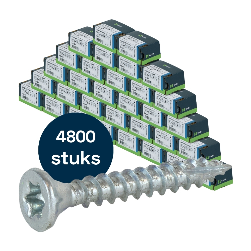 Radix Torx 20 Spaanplaatschroef - Platkop + Snijpunt - 3,5 x 25mm - Verzinkt - Voldraad (6400 stuks) VOLLE DOOS! Radix Torx 20 Spaanplaatschroef - Platkop + Snijpunt - 3,5 x 25mm - Verzinkt - Voldraad (6400 stuks) VOLLE DOOS!