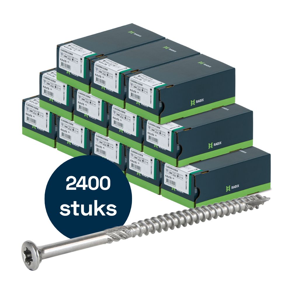 Radix - Vlonder - Tuinhout schroeven - Torx 4,0x70mm - T20 - RVS (2400 stuks) VOLLE DOOS! Radix - Vlonder - Tuinhout schroeven - Torx 4,0x70mm - T20 - RVS (2400 stuks) VOLLE DOOS!