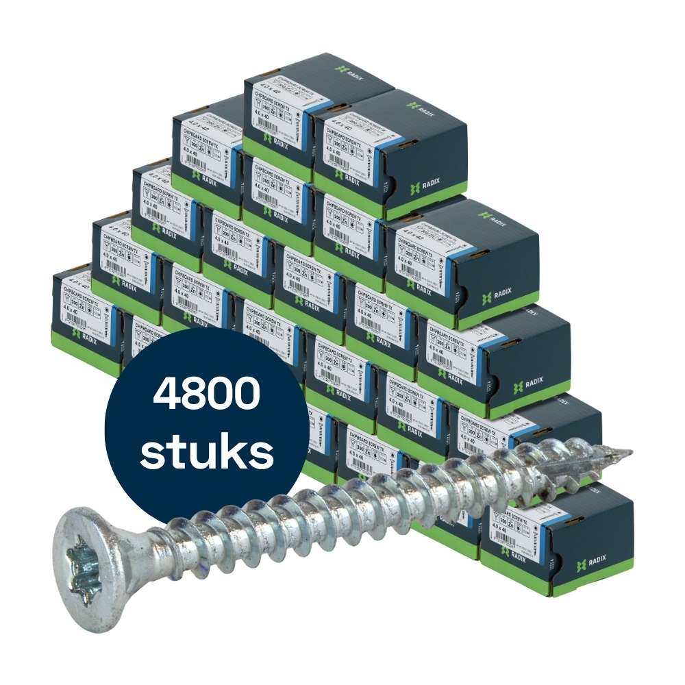 Radix Torx 20 Spaanplaatschroef - Platkop + Snijpunt - 4,0 x 40mm - Verzinkt - Voldraad (4800 stuks) VOLLE DOOS!