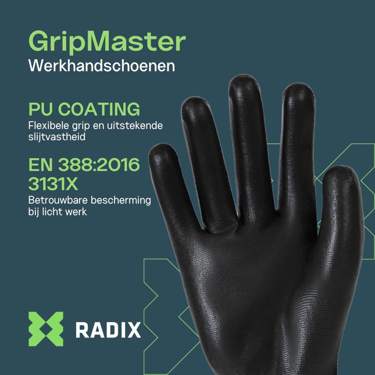 Radix GripMaster - Werkhandschoenen - PU Black - M11 / XXL Radix GripMaster - Werkhandschoenen - PU Black - M11 / XXL