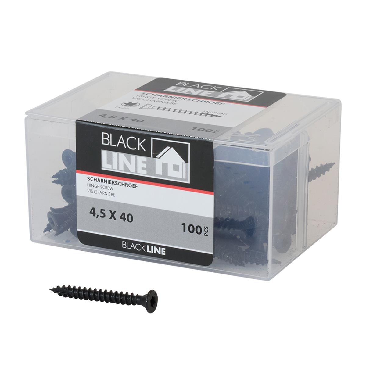 Blackline Platkop scharnierschroef + snijpunt - HCP-coating - Torx - 4,5 x 40mm (100 stuks) Blackline Platkop scharnierschroef + snijpunt - HCP-coating - Torx - 4,5 x 40mm (100 stuks)