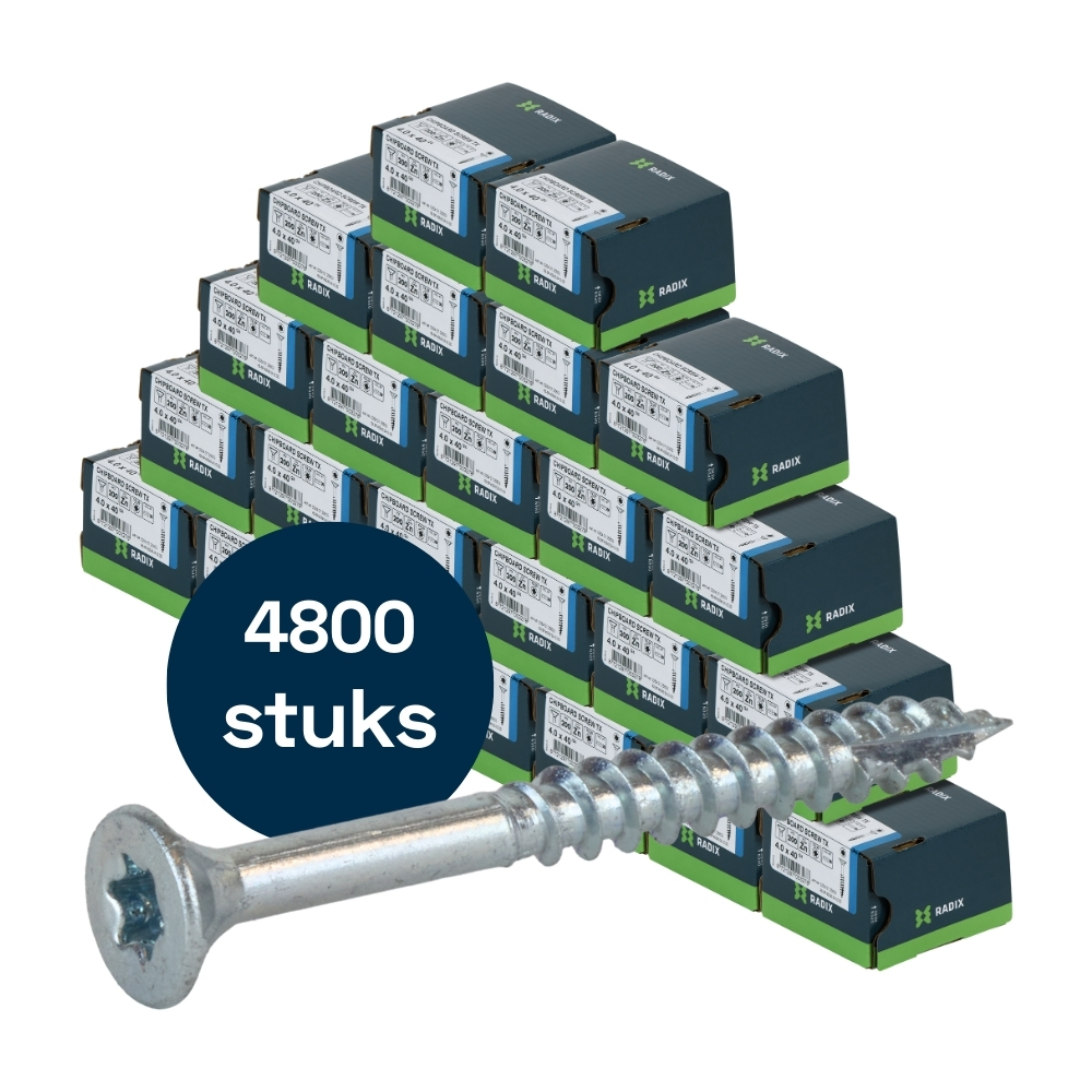 Radix Torx 20 Spaanplaatschroef - Platkop + Snijpunt - 4,0 x 40mm/24 - Verzinkt - Deeldraad (4800 stuks) VOLLE DOOS! Radix Torx 20 Spaanplaatschroef - Platkop + Snijpunt - 4,0 x 40mm/24 - Verzinkt - Deeldraad (4800 stuks) VOLLE DOOS!