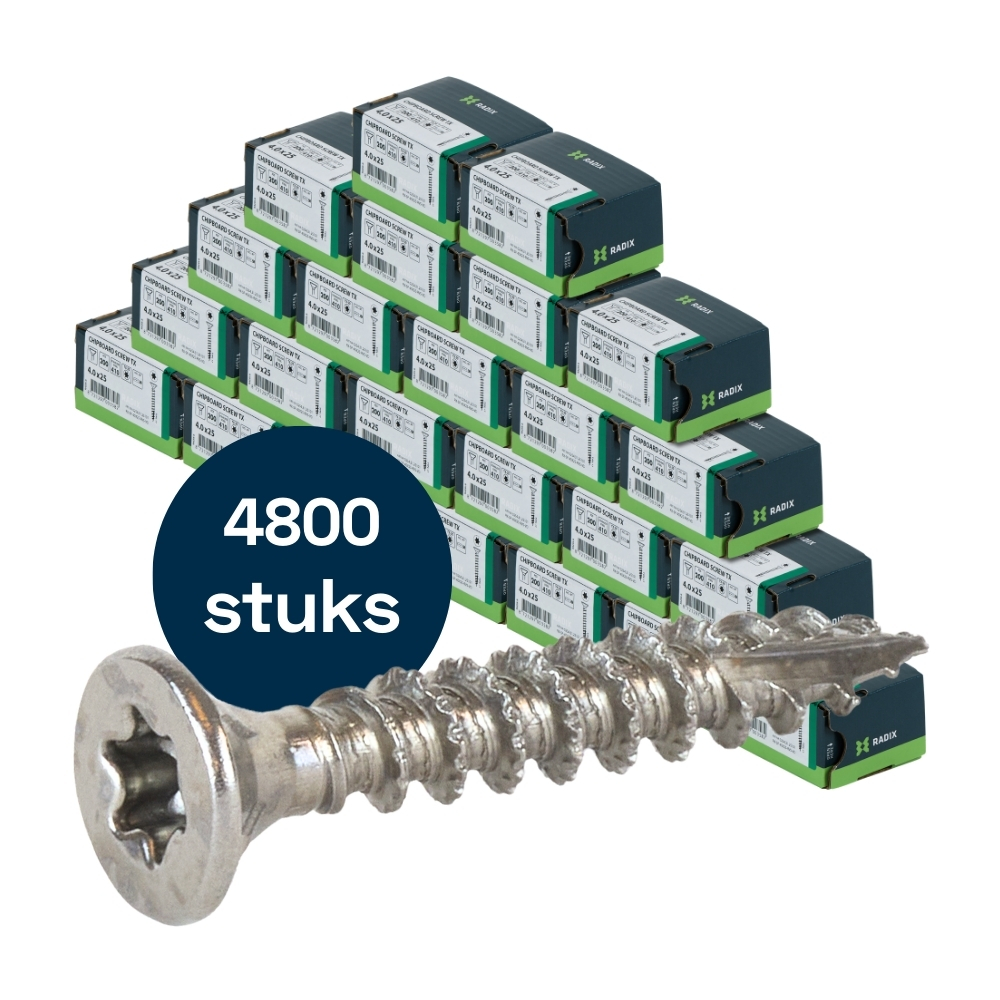 Radix Torx 20 Spaanplaatschroef - Platkop + Snijpunt - 4,0 x 25mm - RVS - Voldraad (4800 stuks) VOLLE DOOS! Radix Torx 20 Spaanplaatschroef - Platkop + Snijpunt - 4,0 x 25mm - RVS - Voldraad (4800 stuks) VOLLE DOOS!