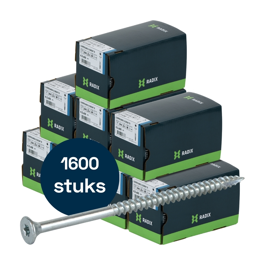 Radix Torx 20 Spaanplaatschroef - Platkop + Snijpunt - 4,5 x 80mm/50 - Verzinkt - Deeldraad (1600 stuks) VOLLE DOOS!