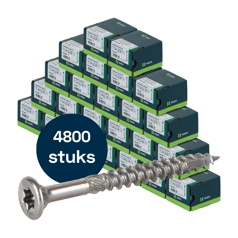 Radix Torx 20 Spaanplaatschroef - Platkop + Snijpunt - 4,0 x 40mm/24 - RVS - Deeldraad (4800 stuks) VOLLE DOOS! Radix Torx 20 Spaanplaatschroef - Platkop + Snijpunt - 4,0 x 40mm/24 - RVS - Deeldraad (4800 stuks) VOLLE DOOS!