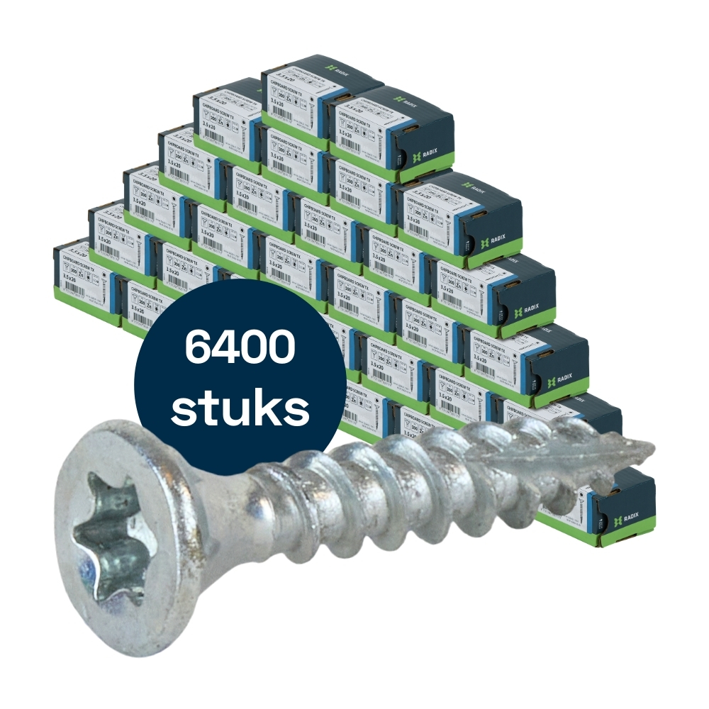 Radix Torx 20 Spaanplaatschroef - Platkop + Snijpunt - 3,5 x 20mm - Verzinkt - Voldraad (6400 stuks) VOLLE DOOS!