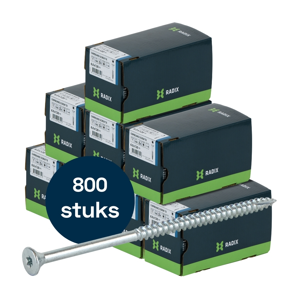 Radix Torx 25 Spaanplaatschroef - Platkop + Snijpunt - 6,0 x 120mm/70 - Verzinkt - Deeldraad (800 stuks) VOLLE DOOS!