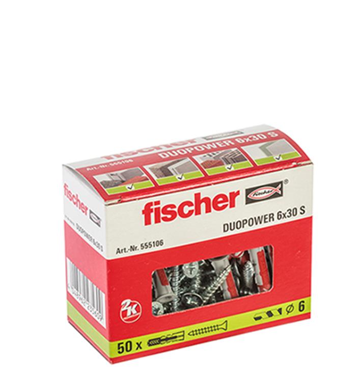 Fischer - DuoPower S - Universele plug - 6 x 30mm - Inclusief schroeven (50 stuks) Fischer - DuoPower S - Universele plug - 6 x 30mm - Inclusief schroeven (50 stuks)