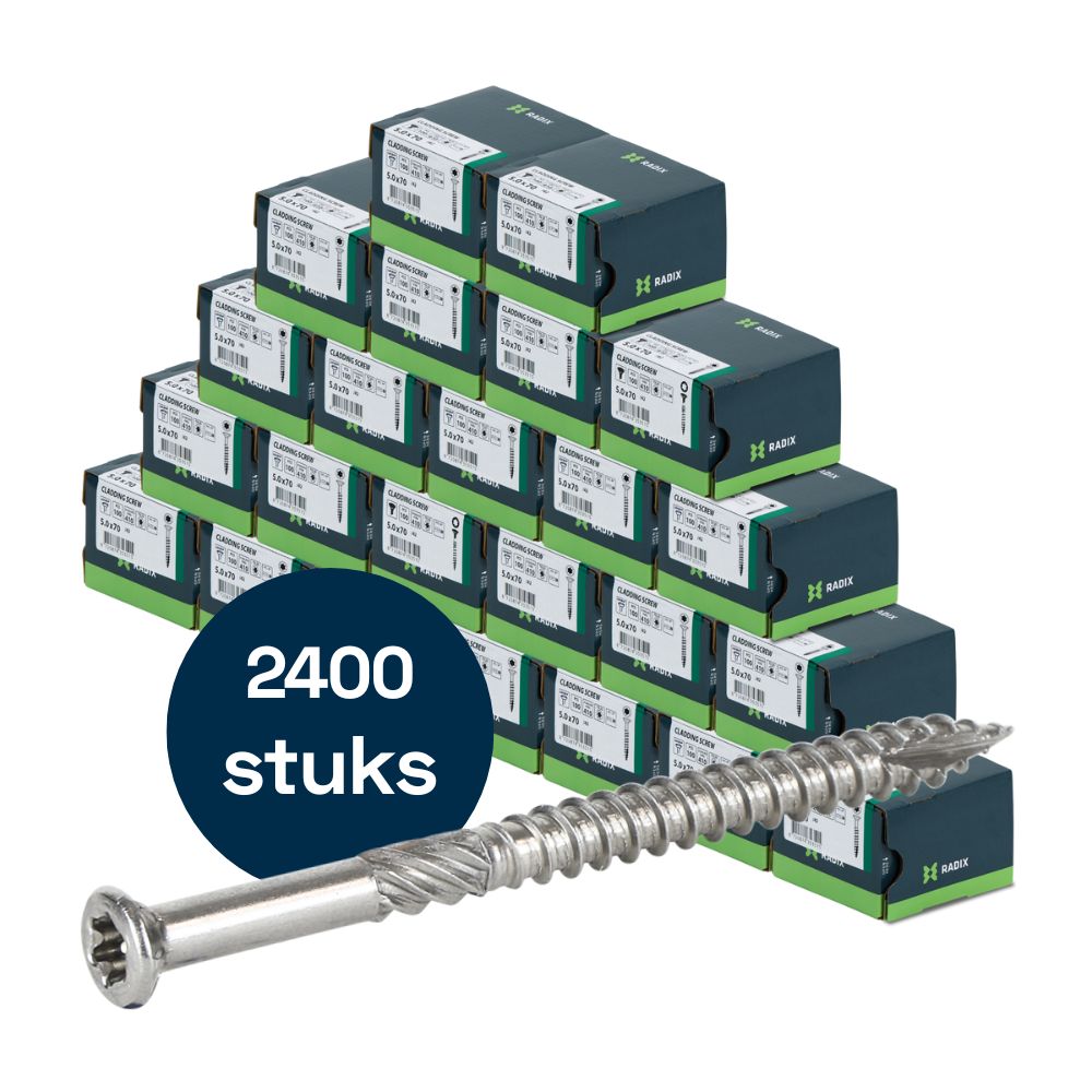Radix - Vlonder - Tuinhout schroeven - Torx 5,0x70mm - T25 - RVS (2400 stuks) VOLLE DOOS! Radix - Vlonder - Tuinhout schroeven - Torx 5,0x70mm - T25 - RVS (2400 stuks) VOLLE DOOS!