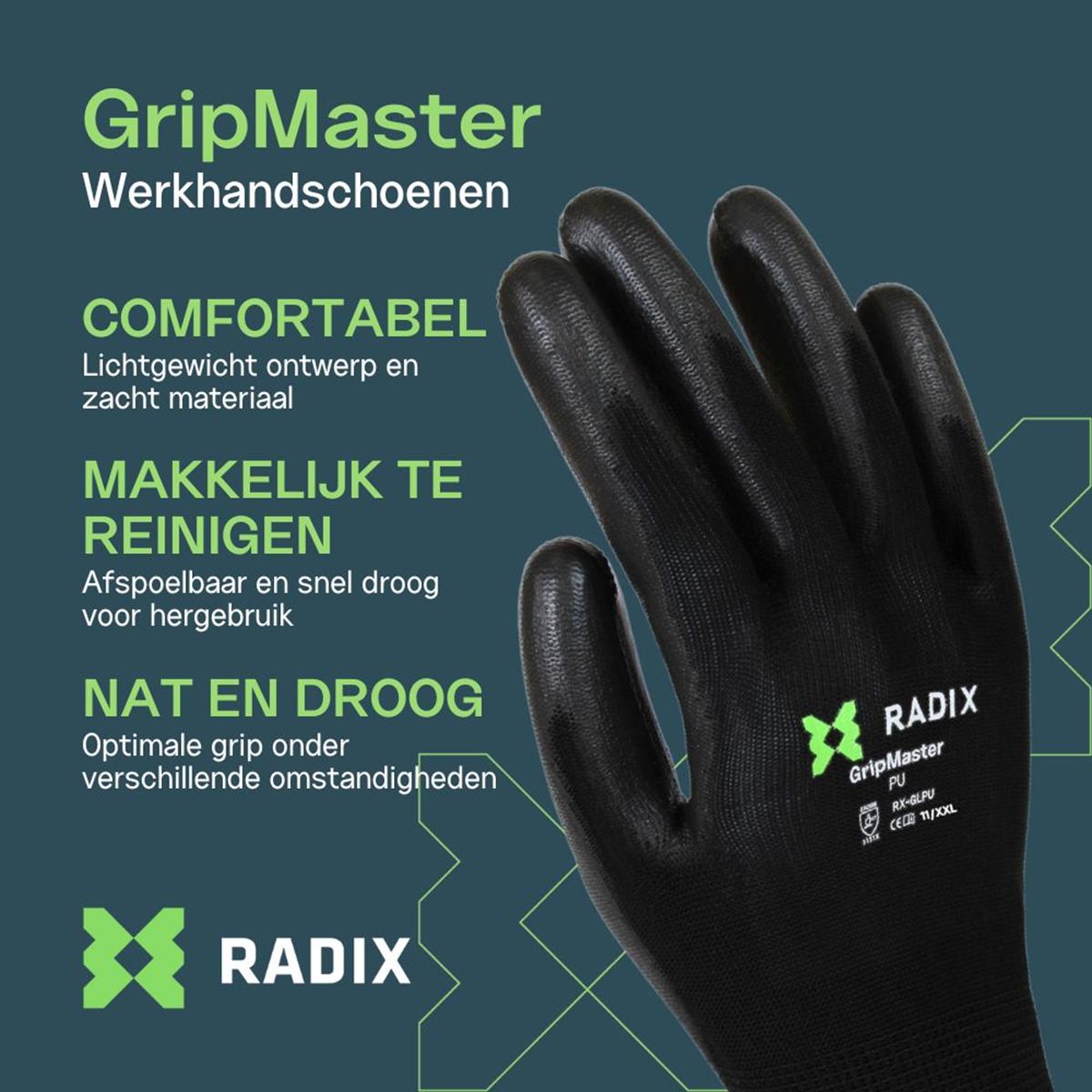 Radix GripMaster - Werkhandschoenen - PU Black - M11 / XXL Radix GripMaster - Werkhandschoenen - PU Black - M11 / XXL