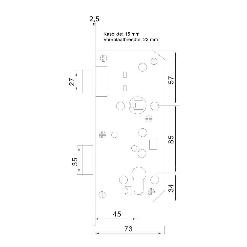 Deurslot - Doornmaat 45mm - PC 85mm - Sluitplaat RVS