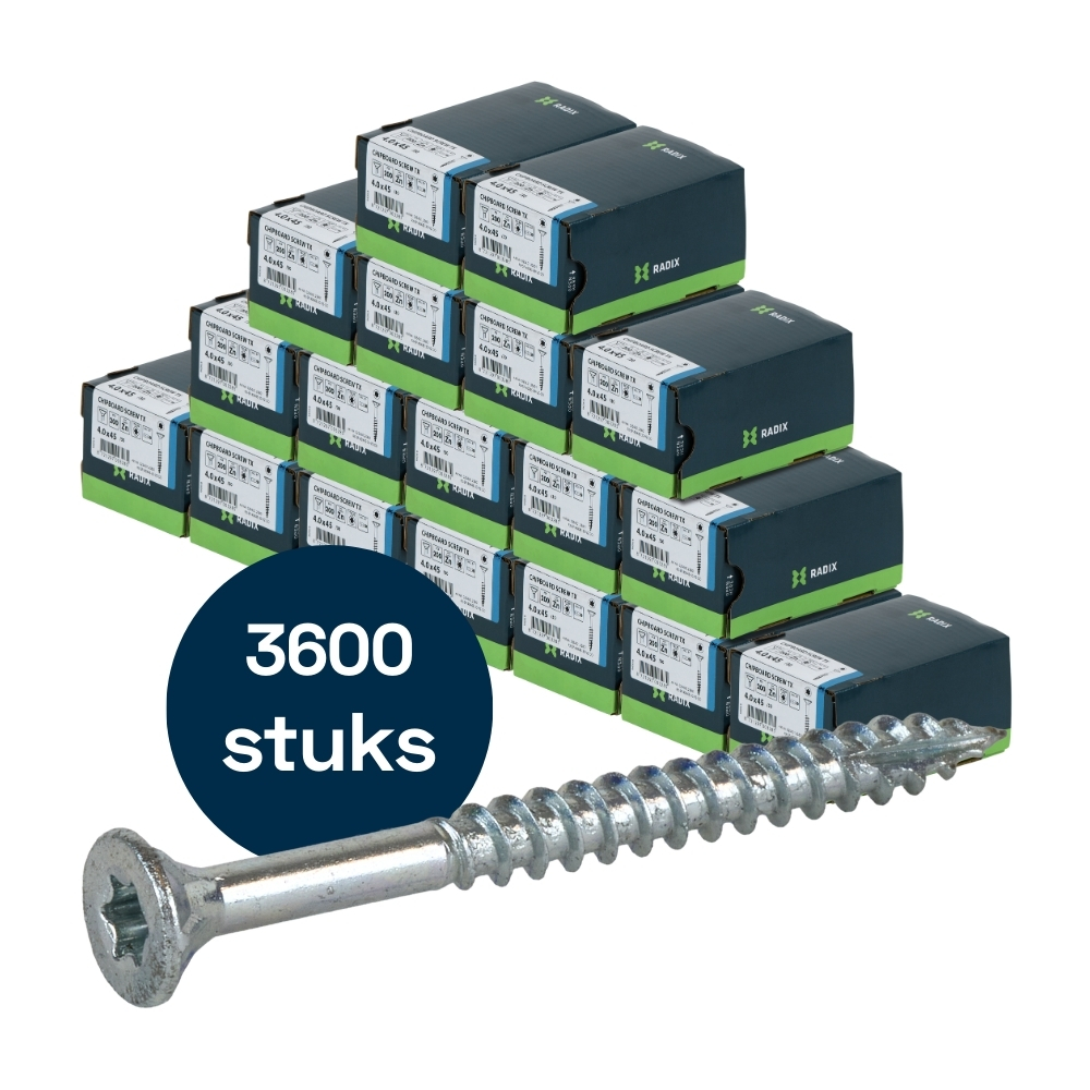 Radix Torx 20 Spaanplaatschroef - Platkop + Snijpunt - 4,0 x 45mm/30 - Verzinkt - Deeldraad (3600 stuks) VOLLE DOOS! Radix Torx 20 Spaanplaatschroef - Platkop + Snijpunt - 4,0 x 45mm/30 - Verzinkt - Deeldraad (3600 stuks) VOLLE DOOS!
