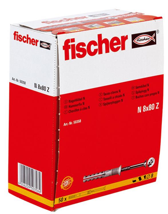 Fischer - N-S - Nagelpluggen/Slagpluggen - 8 x 80mm (50 stuks) Fischer - N-S - Nagelpluggen/Slagpluggen - 8 x 80mm (50 stuks)